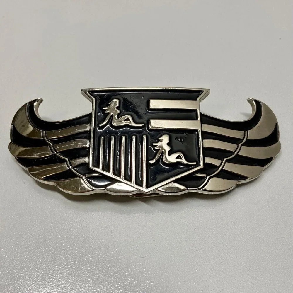 Cadillac 187 INC. Belt Buckle Bottle Opener Tool 5” Chrome Black Winged Logo Vtg